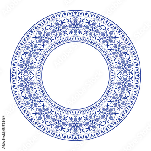 Blue round plate with floral design. Round floral european pattern frame arabesque. Vintage, ethnic frame with greek pattern. Pattern frame for circle surface, textile, embroidery, ceramic, porcelain