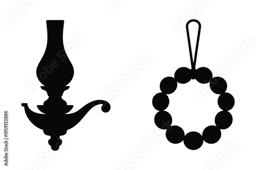 Oil lamp and prayer beads silhouette