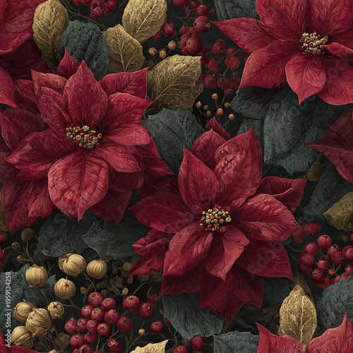 Classic luxury Christmas seamless pattern with red poinsettia flowers, golden and dark green leaves, and festive red berries creating elegant holiday atmosphere