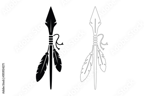 Black silhouette and outline of feather fletching spear with tie