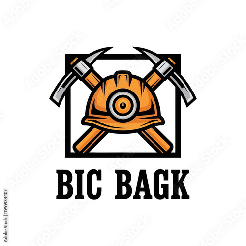 Mining hard hat and crossed pickaxes logo for Bic Bagk.