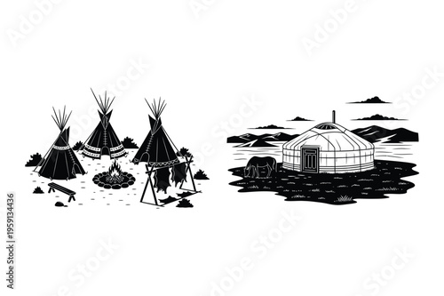 Native american teepee village and yurt dwelling scene illustration