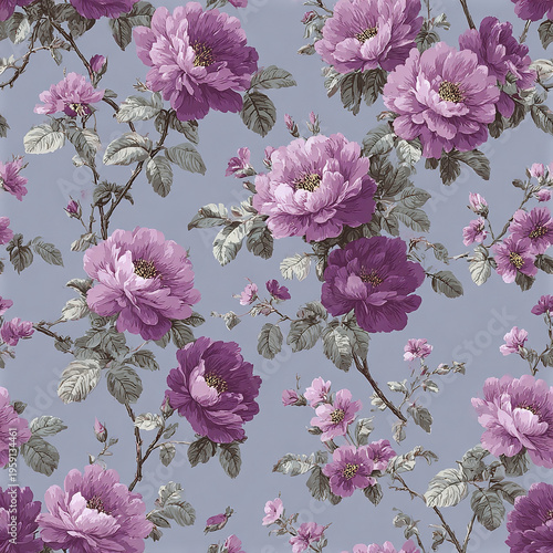 Classic rose wallpaper pattern in soft violet tile style with blooming flowers and green leaves on muted blue background, creating delicate and elegant floral design