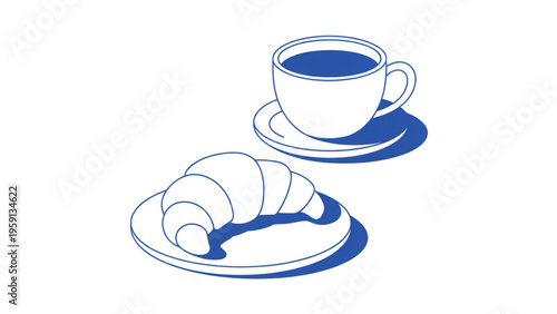 A freshly baked buttery croissant served on a small plate next to a warm cup of morning coffee Vector