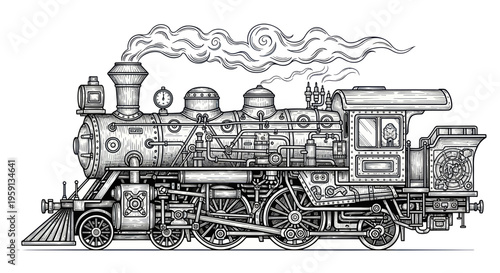 Vintage Steam Locomotive Illustration - Black and White Detailed Drawing