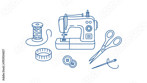 A collection of sewing tools including a machine, spool of thread, scissors, tape and buttons Vector