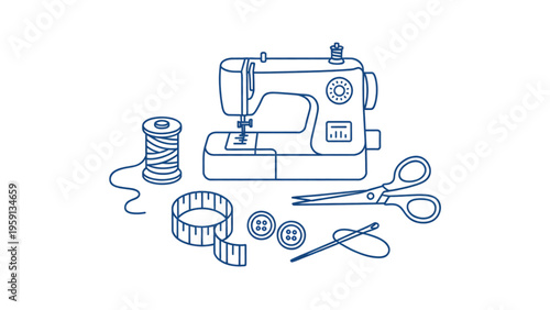 A blue outline illustration of a sewing machine accompanied by various tailoring tools and items Vector