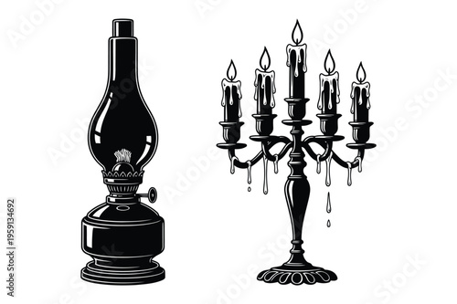 Oil lamp and candle candelabra illustration with old fashioned
