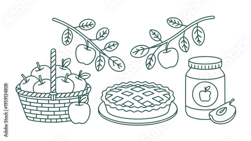 Collection of fresh apples in a woven basket with a baked pie and a jar of homemade apple preserve Vector