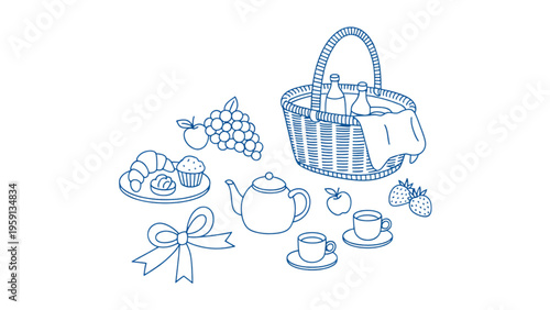 A collection of picnic items including a wicker basket, teapot, tea cups, fruits and pastries Vector