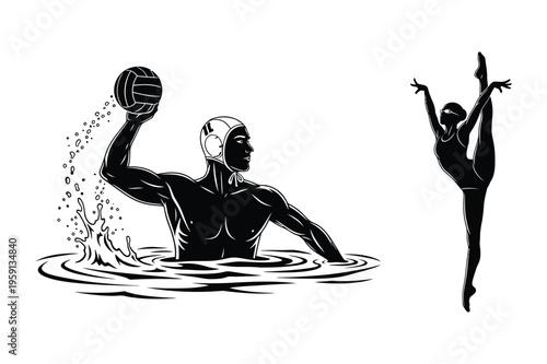 Water polo player and gymnast silhouette illustration