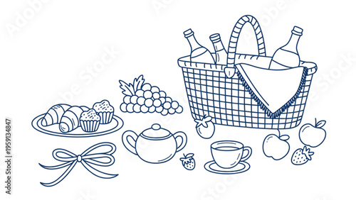 A detailed line art illustration of a picnic basket filled with food and refreshing beverages Vector