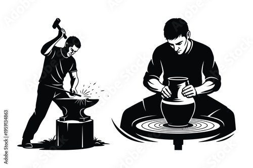 Blacksmith hammering metal and potter shaping clay