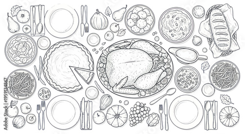 Hand-drawn Thanksgiving Dinner Table Setting with Roasted Chicken and Pie