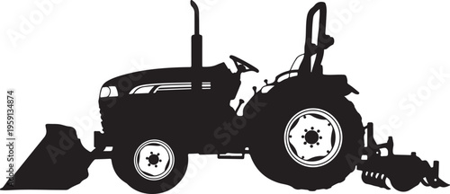 Black silhouette of a tractor with front loader attachment