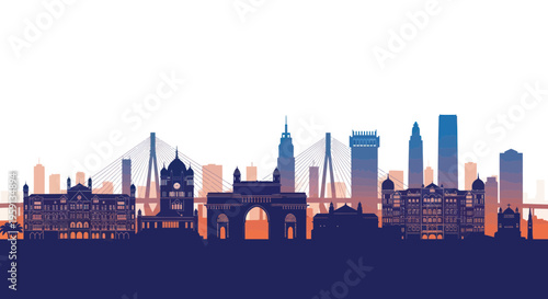 Mumbai Skyline Silhouette: Gateway of India, Bridge, and Modern Buildings