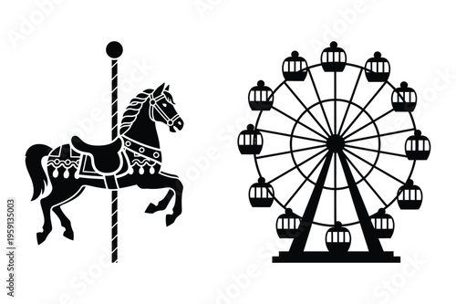 Carousel horse and ferris wheel illustration with amusement park