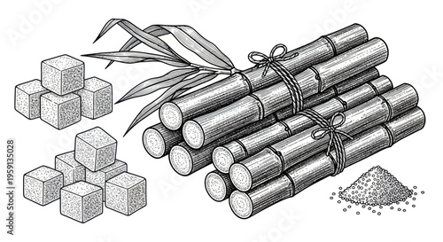 Sugar Cane Stalks, Cubes, and Granulated Sugar Illustration