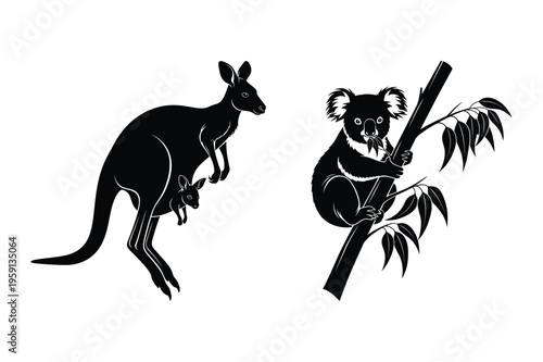 Kangaroo with joey and koala illustration with baby kangaroo