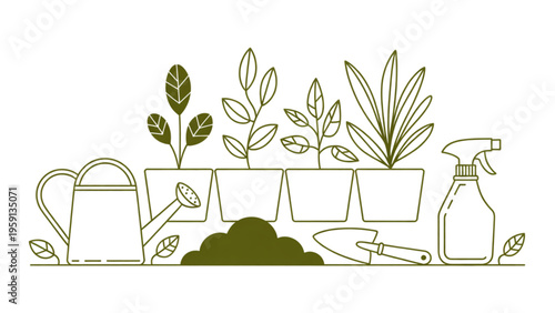A collection of potted houseplants arranged with gardening tools like a water can and spray bottle Vector