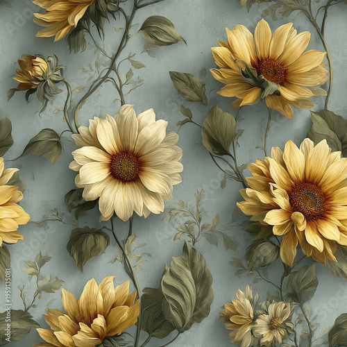 Sunflower floral pattern with yellow petals and green leaves on textured blue background, creating smooth painterly finish and elegant seamless design