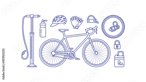 Set of essential bicycle equipment including a road bike and various cycling maintenance accessories Vector