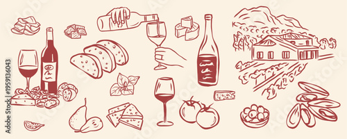 Hand drawn retro wine and food elements collection