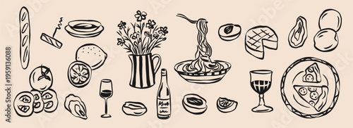 Line art retro doodle wine and dine collection