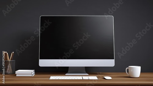 Modern Computer Monitor With Blank Black Screen On Wooden Desk With Stationary And Coffee Cup