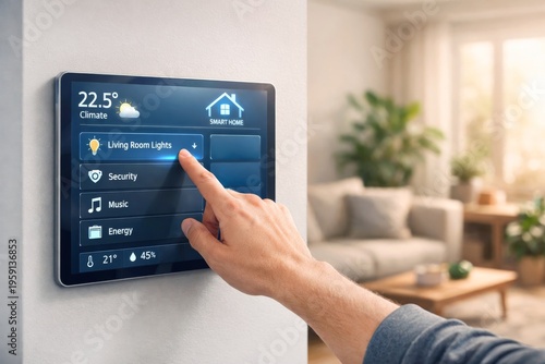 Modern Smart Home Control Panel on Wall with User Interaction and Futuristic Design Elements