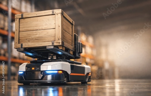 Advanced 3D Render of an Automated Guided Vehicle Lifting a Wooden Crate in a Warehouse Environment