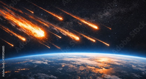 Dramatic Meteor Shower Entering Earth's Atmosphere with Fiery Trails Over a Stunning Planetary Landscape