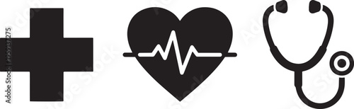Medical cross, heartbeat line, and stethoscope vector icons. healthcare emergency and doctor tools