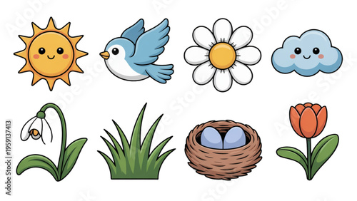 Set of cute spring themed vector illustrations featuring a sun bird flower cloud grass and nest Vector
