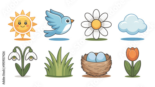 A collection of cute spring themed icons featuring a smiling sun a blue bird flowers and a nest Vector