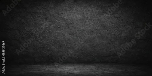 A dark grunge background features a rough black concrete wall texture with a dirty vintage stone surface and a blank grey cement floor backdrop for an old industrial interior design