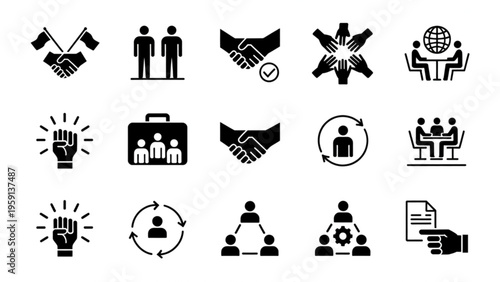 A collection of black icons representing business teamwork collaboration and professional networking Vector