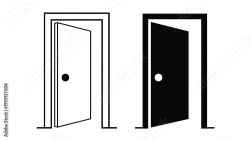 A set of two simple graphic icons showing an open door frame with a knob in outline and solid style Vector