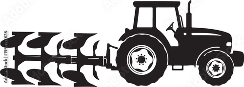 Tractor with plow attachment in black silhouette on white