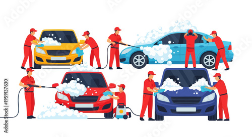 Car Wash Service: Workers Cleaning Vehicles with Soap and Water