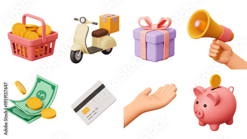 Set of eight 3d icons representing online shopping delivery gift promotion money and banking Vector