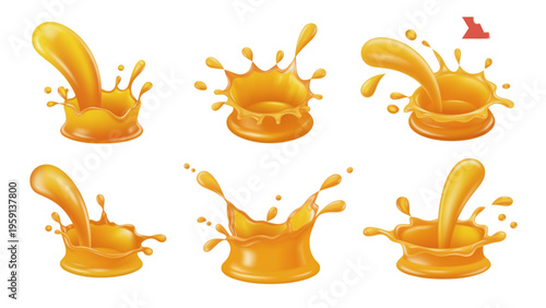 A collection of realistic orange juice splashes and liquid crowns in various dynamic formations Vector