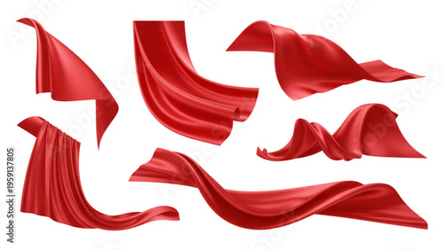 A collection of red fabric pieces flowing in the air creating elegant shapes and soft silhouettes Vector