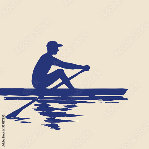 Man rowing a boat on calm water in a serene environment