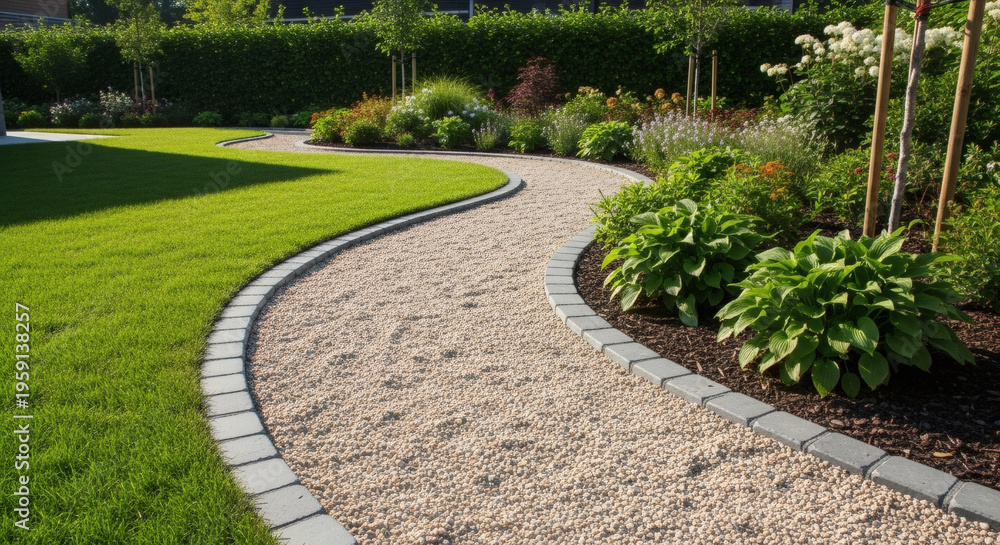 Obraz premium Beautifully landscaped garden featuring a graceful, curving gravel pathway, lush green lawn, and diverse plant beds, creating a serene outdoor living space perfect for relaxation and aesthetic appeal.