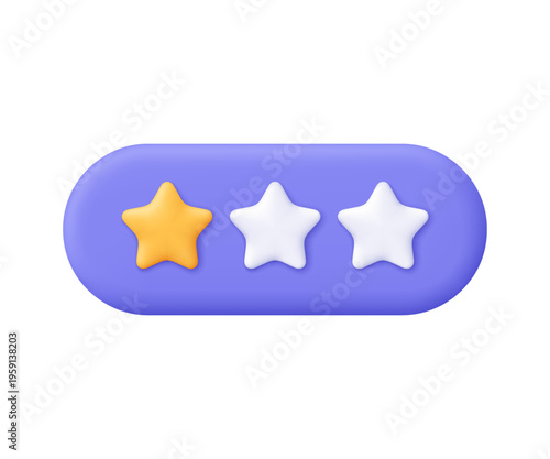 Rating bar with one yellow star and two white stars. Low rating. Customer rating feedback, rang and evaluation concept. 3d vector icon. Cartoon minimal style.