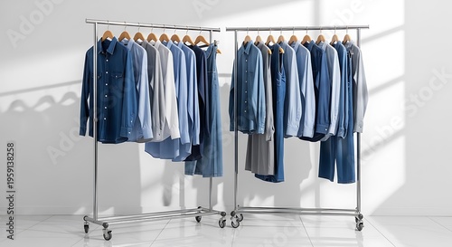 A Rack of Blue and White Shirts and Jeans on Display