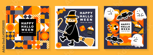 オレンジとネイビーのハロウィンポスター風イラスト3点セット 魔女とおばけのレトロポップベクター