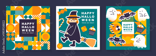 魔女とおばけとコウモリのハロウィンポップイラスト3点セット キャンディーとカップケーキ入りベクター