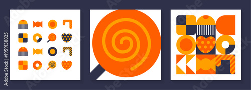 ハロウィンキャンディーと幾何学パターンのベクター素材セット ロリポップやチェック柄のポップデザイン